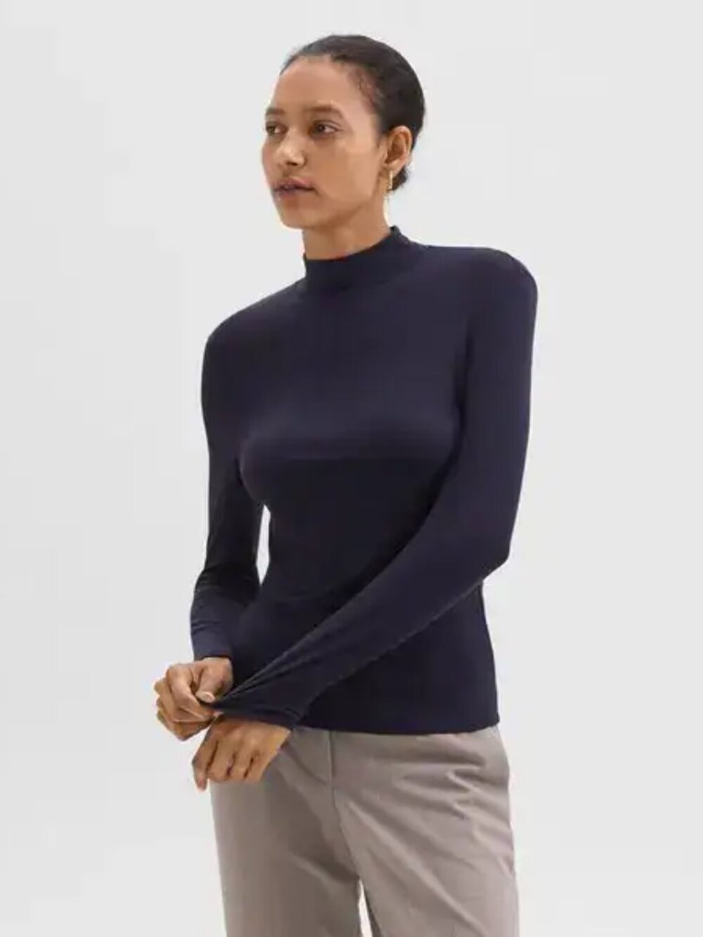 Theory Ribbed Funnel Mock Neck Long Sleeve Navy Top M/L